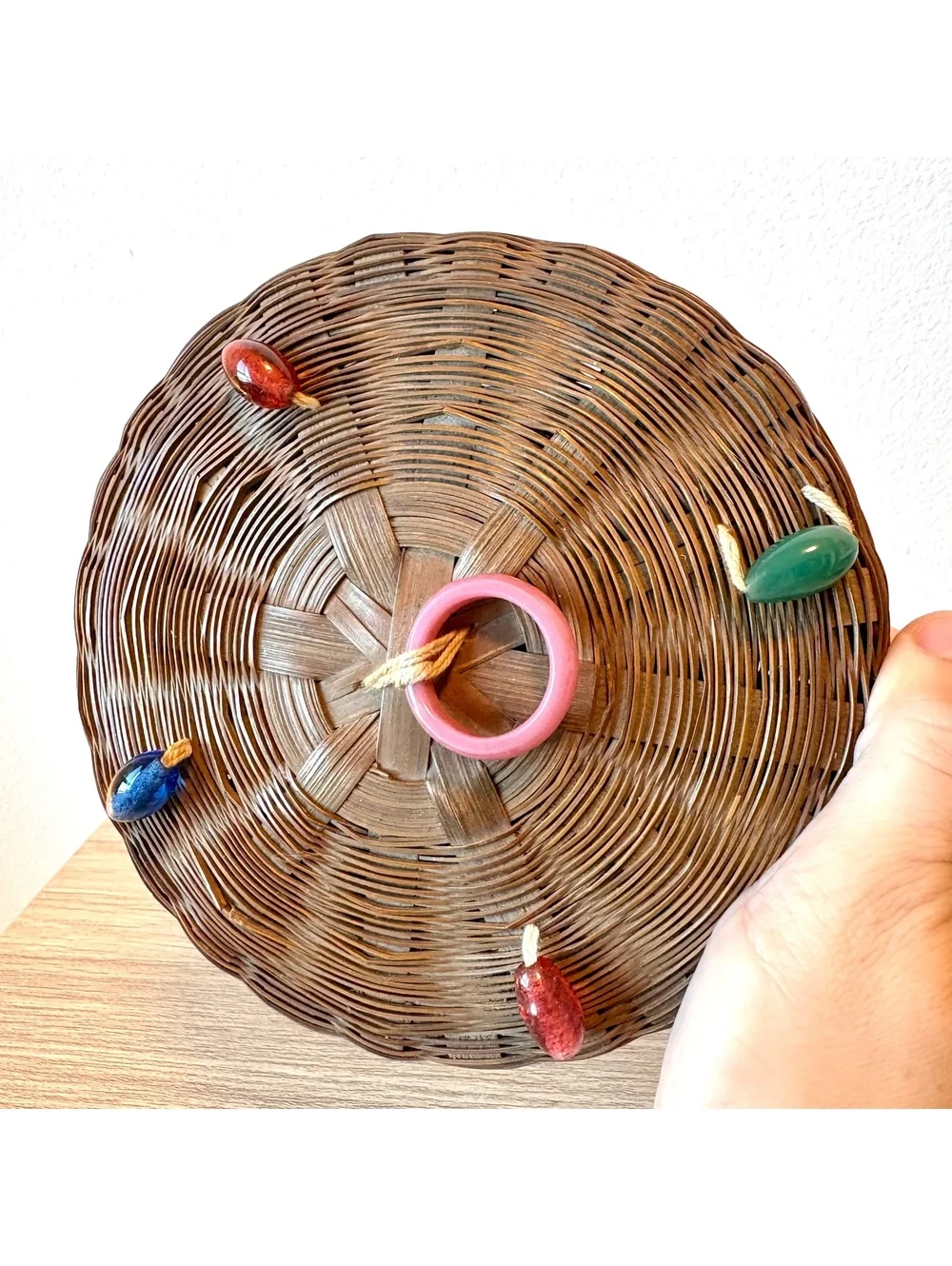 Woven Trinket Box Lidded Basket Colorful Bead Accents Boho Decor Rattan Bamboo